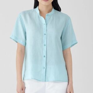 Eileen Fisher Organic Handkerchief Linen Band Collar Short Sleeve Shirt Size M
